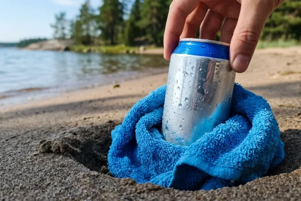 Huurteinen juomatölkki upotettuna märkään rantahiekkaan.