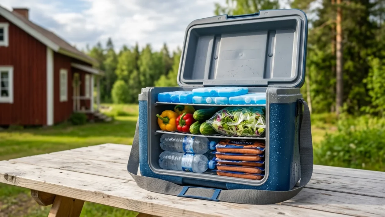 Kerroksittain oikein pakattu kylmälaukku ja kylmäkalleja ulkona.