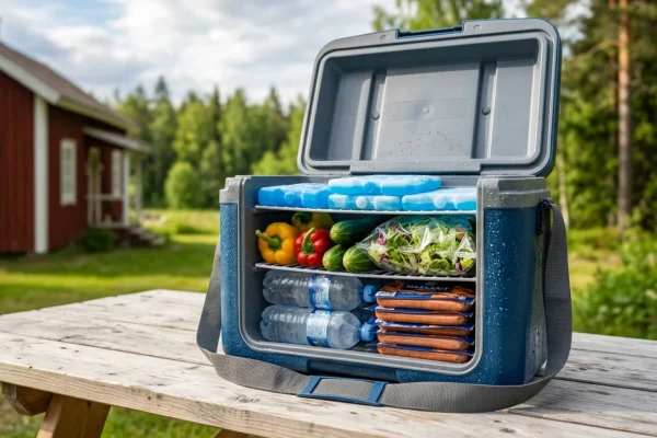 Kerroksittain oikein pakattu kylmälaukku ja kylmäkalleja ulkona.