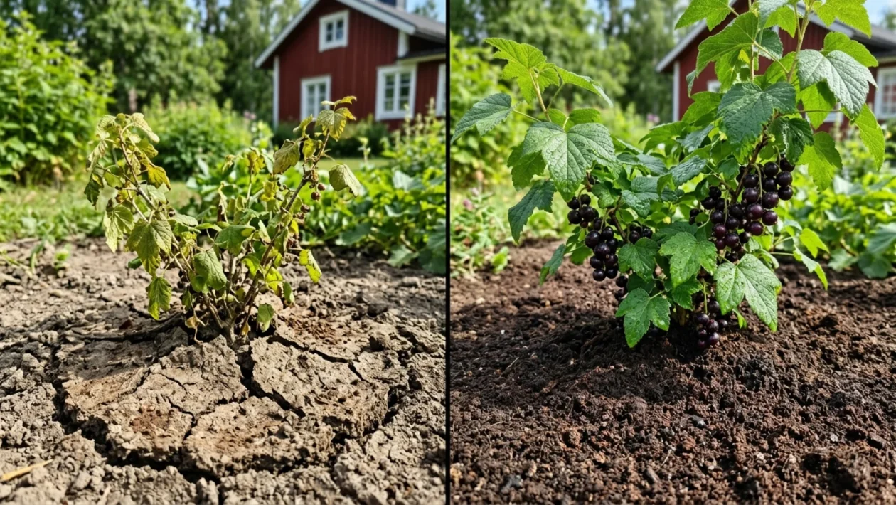 Kuivia kahvinporoja sekoitetaan haravalla multaan marjapensaan juurella.