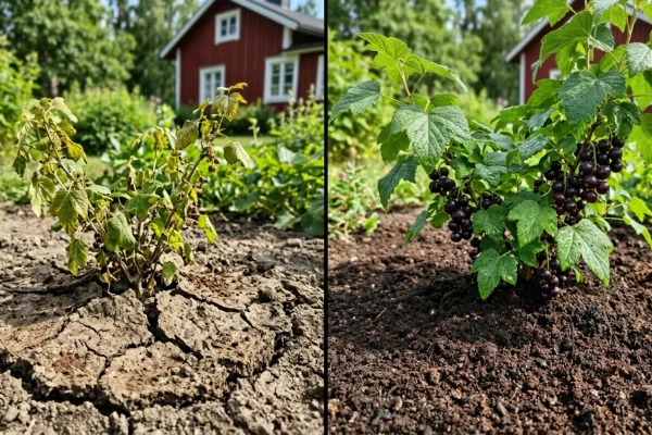 Kuivia kahvinporoja sekoitetaan haravalla multaan marjapensaan juurella.