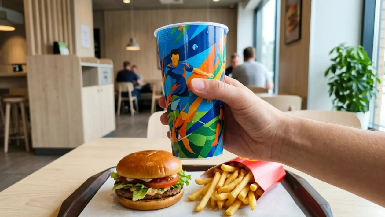 McDonald'sin pahvinen noutopussi ja hampurilaisateria pöydällä.