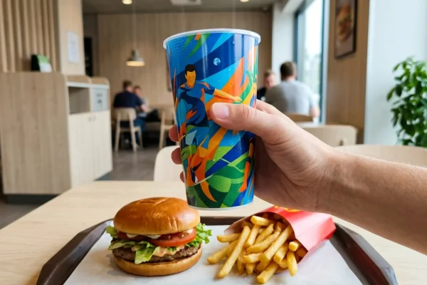 McDonald'sin pahvinen noutopussi ja hampurilaisateria pöydällä.