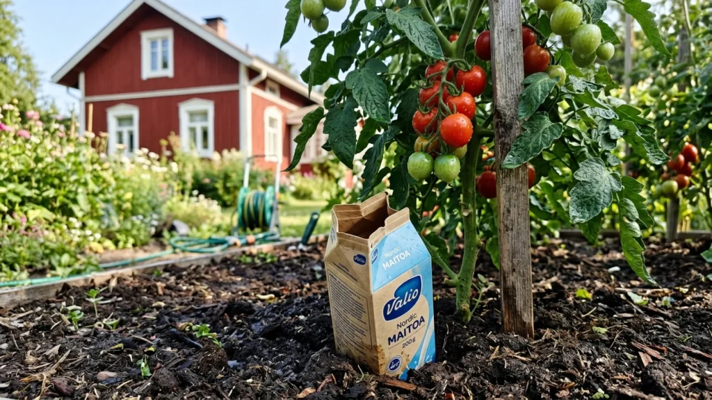 Pohjasta rei'itetty maitotölkki haudattuna tomaatin taimen viereen multaan.