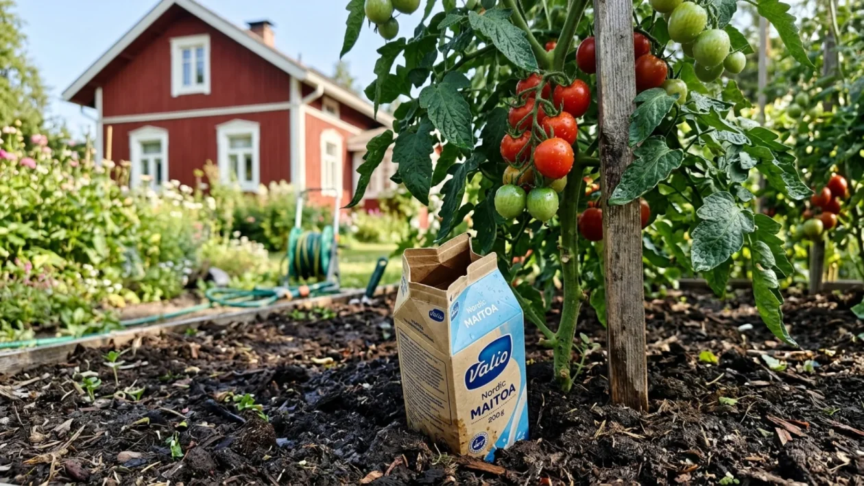 Pohjasta rei'itetty maitotölkki haudattuna tomaatin taimen viereen multaan.