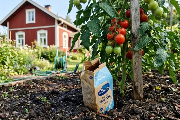 Pohjasta rei'itetty maitotölkki haudattuna tomaatin taimen viereen multaan.