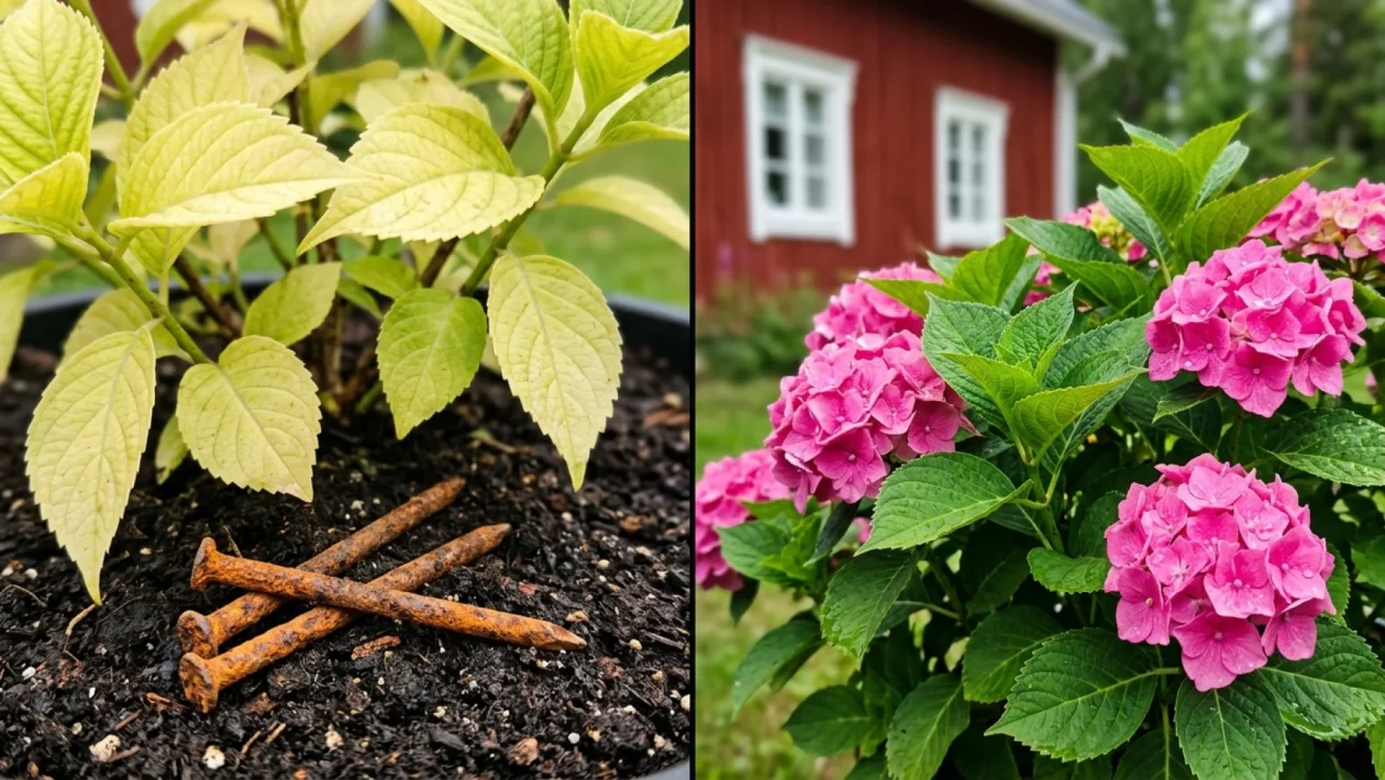 Ruostuneita rautanauloja painetaan multaan kukkivan hortensian juurelle.