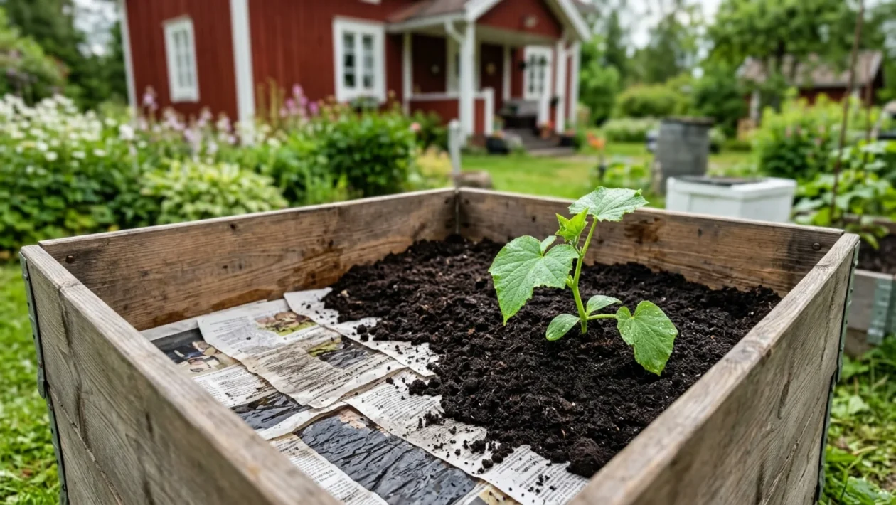 Märkä sanomalehtikerros levitettynä puutarhan viljelylaatikon pohjalle ennen mullan lisäystä.