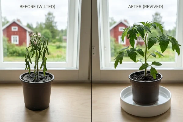 Nuukahtanut tomaatintaimi asetetaan syvään vesiastiaan alakastelua varten.
