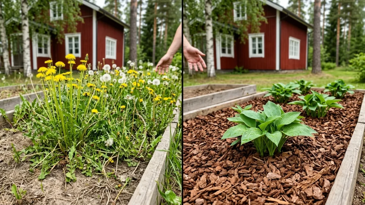Puutarhuri levittää paksua kuorikatetta kukkapenkkiin rikkaruohojen torjumiseksi.