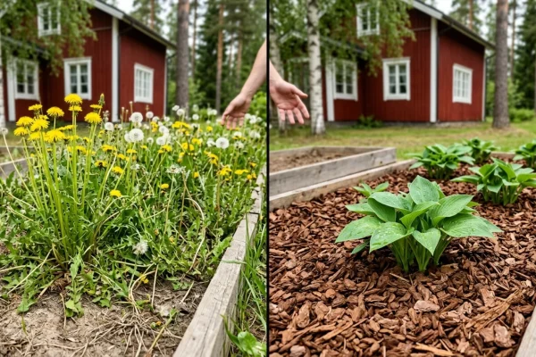 Puutarhuri levittää paksua kuorikatetta kukkapenkkiin rikkaruohojen torjumiseksi.