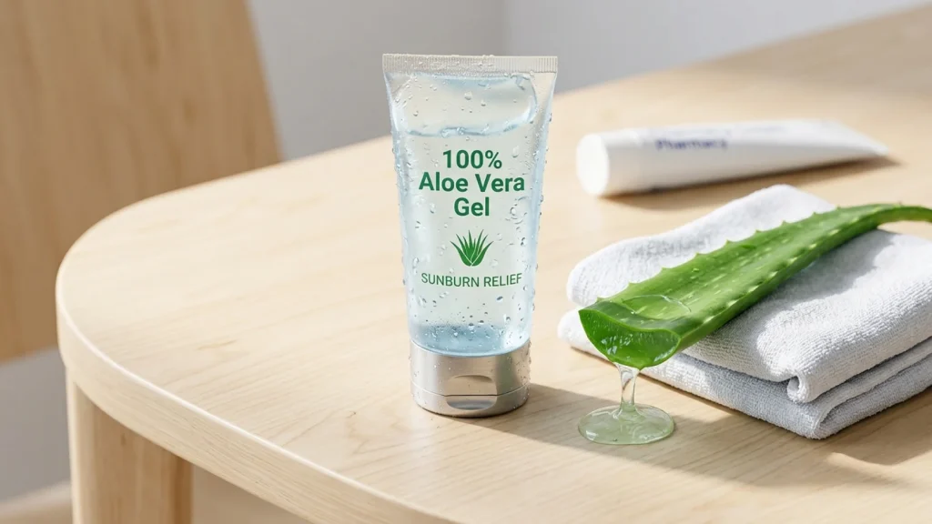 Mies levittää viilentävää aloe vera -geeliä punoittavalle olkapäälle.