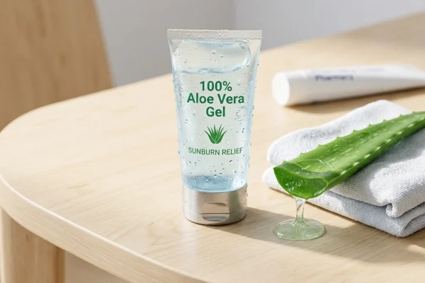 Mies levittää viilentävää aloe vera -geeliä punoittavalle olkapäälle.