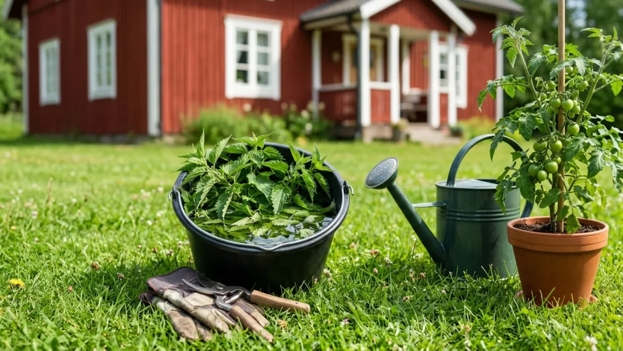 Tiheä nokkospuska kasvamassa suomalaisen omakotitalon seinustalla.