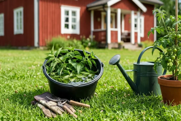 Tiheä nokkospuska kasvamassa suomalaisen omakotitalon seinustalla.