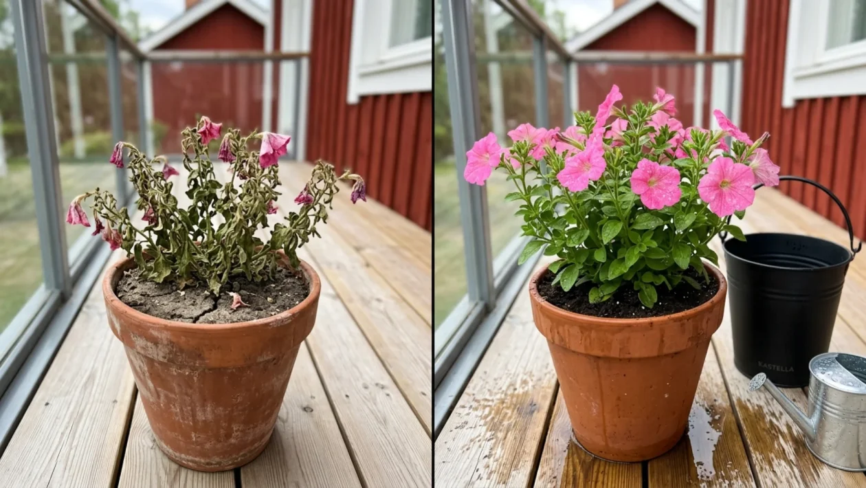 Nuupahtanut pelargonia saa vettä ja ravinteita kastelukannusta aurinkoisella terassilla.