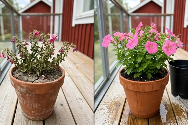 Nuupahtanut pelargonia saa vettä ja ravinteita kastelukannusta aurinkoisella terassilla.