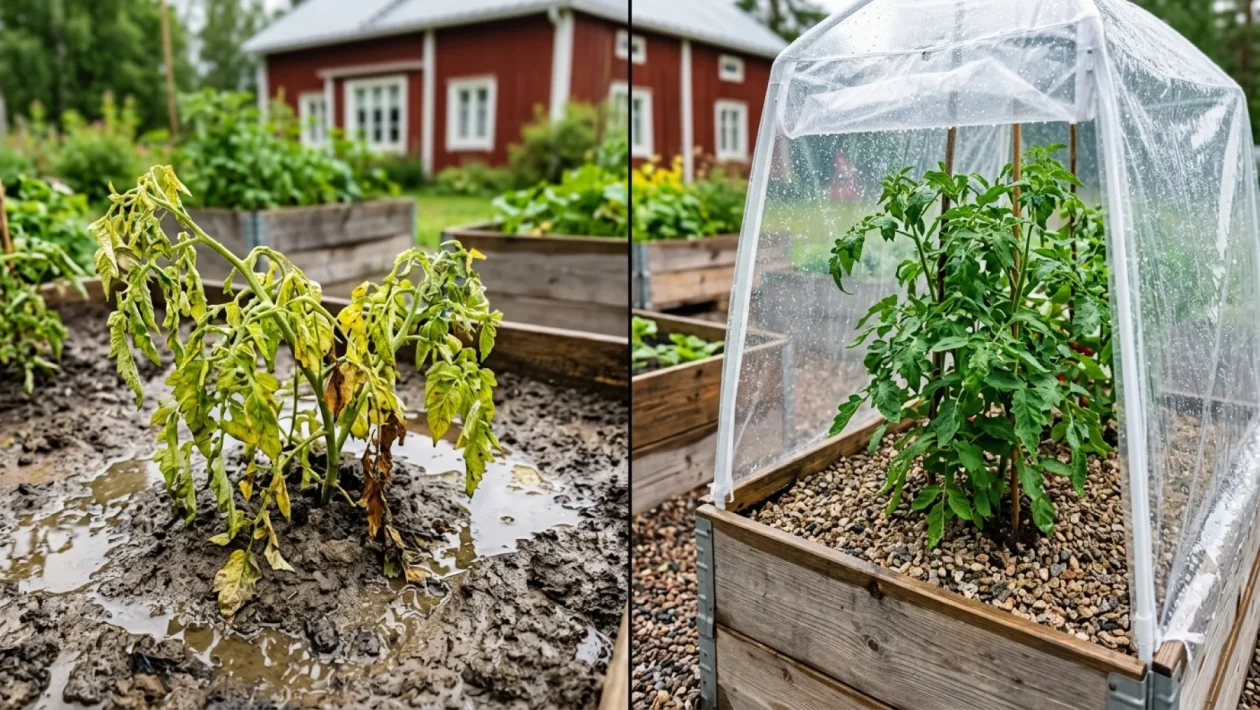 Vettä valuva lavakauluspuutarha ja muovinen suojakatse