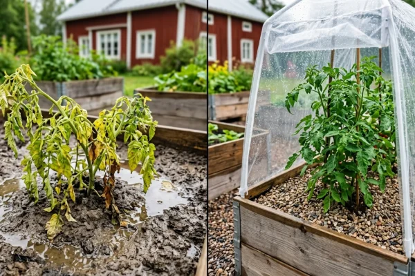 Vettä valuva lavakauluspuutarha ja muovinen suojakatse