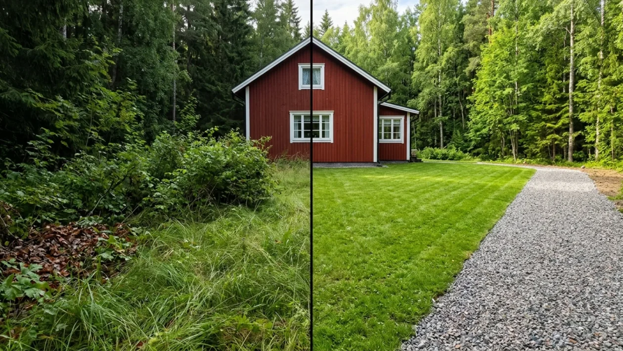 Mies tarkistaa vaaleita housujaan heinikossa kävelyn jälkeen aurinkoisena kesäpäivänä.