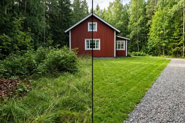 Mies tarkistaa vaaleita housujaan heinikossa kävelyn jälkeen aurinkoisena kesäpäivänä.