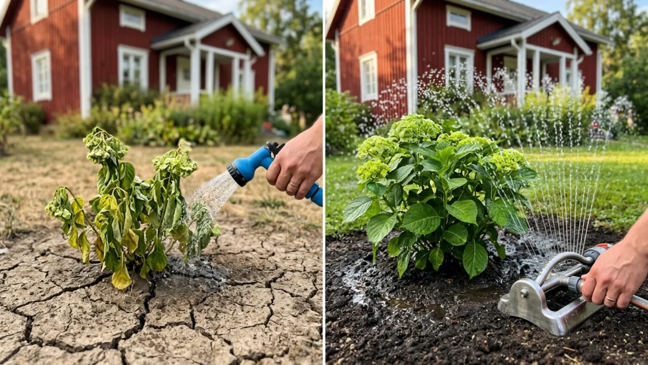 Kuivunut nurmikko ja kasteluletku pihanurmella