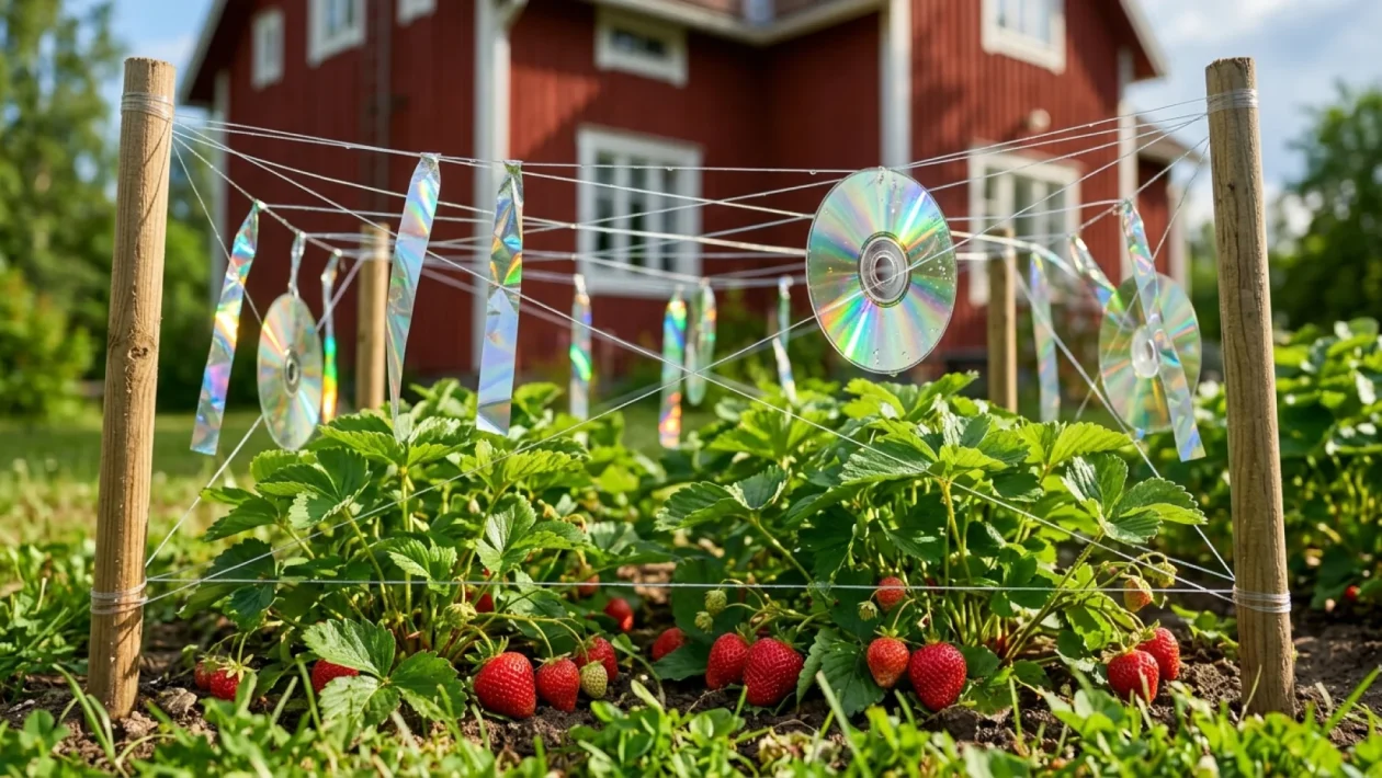 Heijastinteippi ja siima suojaamassa mansikkamaata rastaiden tuhoilta.