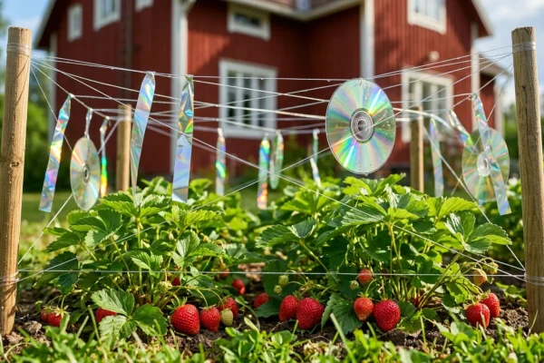 Heijastinteippi ja siima suojaamassa mansikkamaata rastaiden tuhoilta.