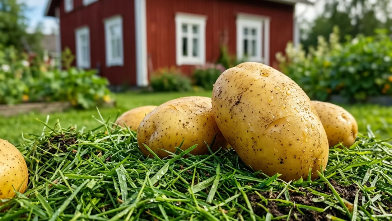 Mies pitelee käsissään valtavia, juuri nostettuja perunoita multaisella pellolla.