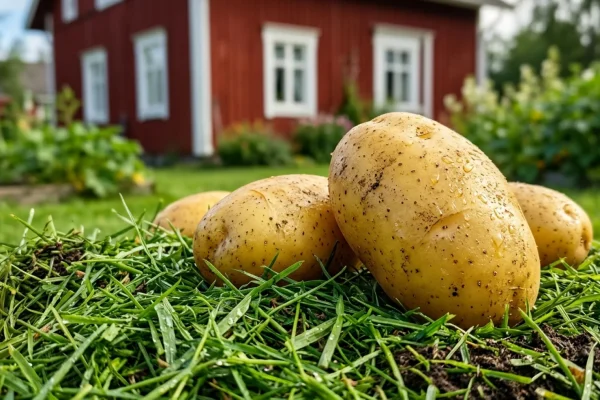 Mies pitelee käsissään valtavia, juuri nostettuja perunoita multaisella pellolla.