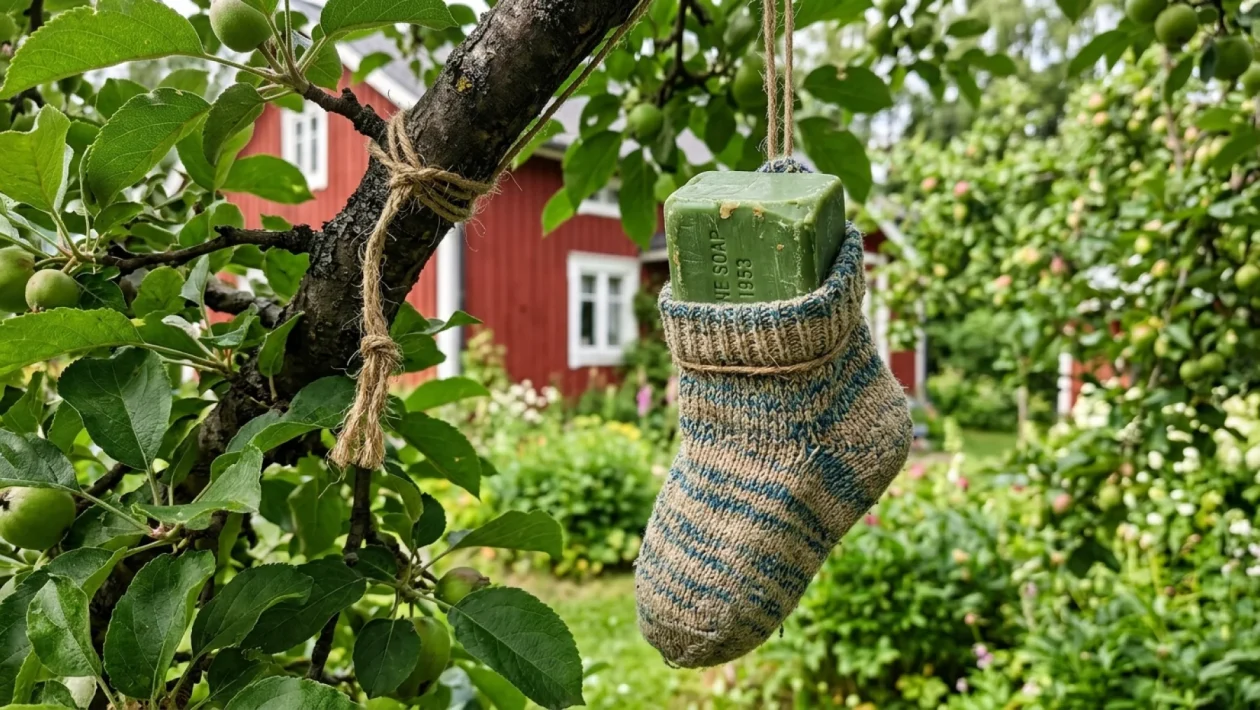 Omenapuun oksalle ripustettu reikäinen sukka