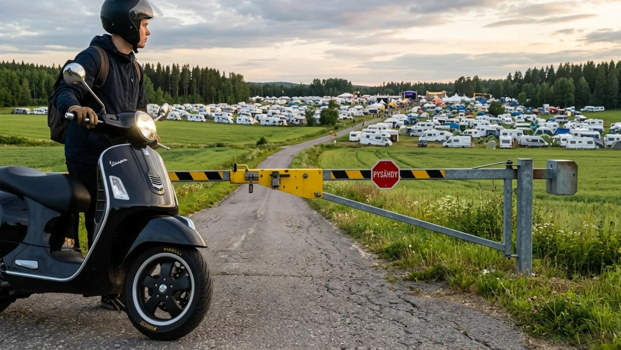 Poliisiauto ja järjestyksenvalvojia massatapahtuman portilla kesäyössä.