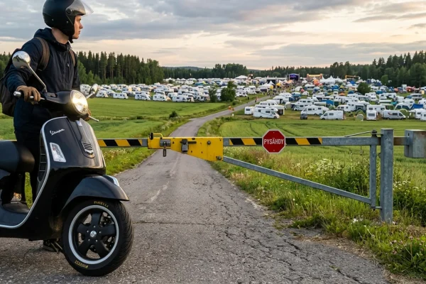 Poliisiauto ja järjestyksenvalvojia massatapahtuman portilla kesäyössä.