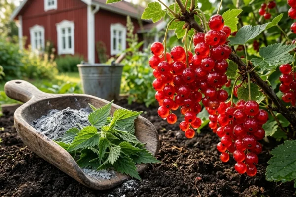 Suuret ja mehukkaat punaiset herukat roikkuvat tuuheassa pensaassa.