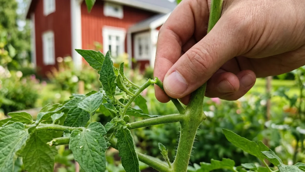 Puutarhurin kädet nyppimässä tomaatin varasta lehtihangasta aurinkoisessa kasvihuoneessa.