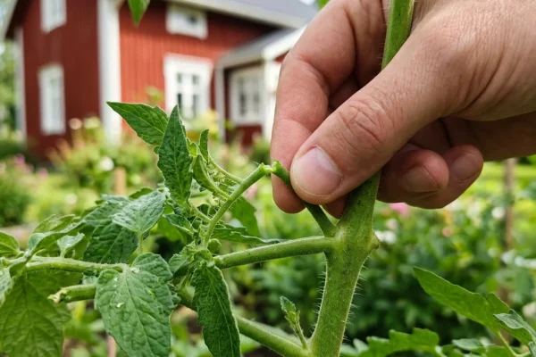 Puutarhurin kädet nyppimässä tomaatin varasta lehtihangasta aurinkoisessa kasvihuoneessa.