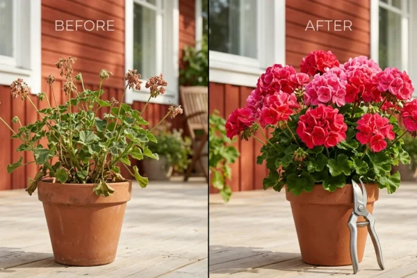 Mies leikkaa terävillä saksilla kuihtunutta pelargonian kukkaa kesäisellä terassilla.