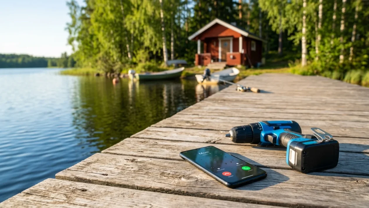 Mies puhuu puhelimeen kesäisellä mökkilaiturilla.