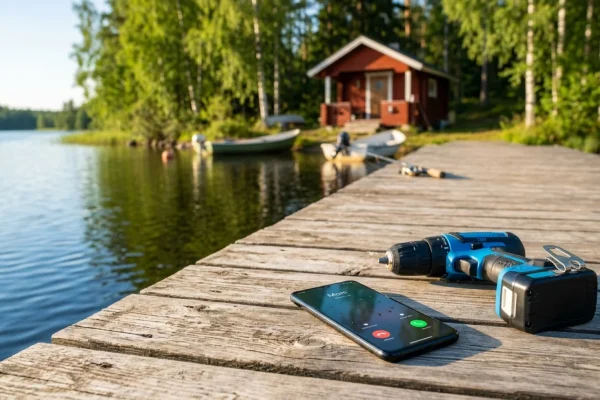 Mies puhuu puhelimeen kesäisellä mökkilaiturilla.