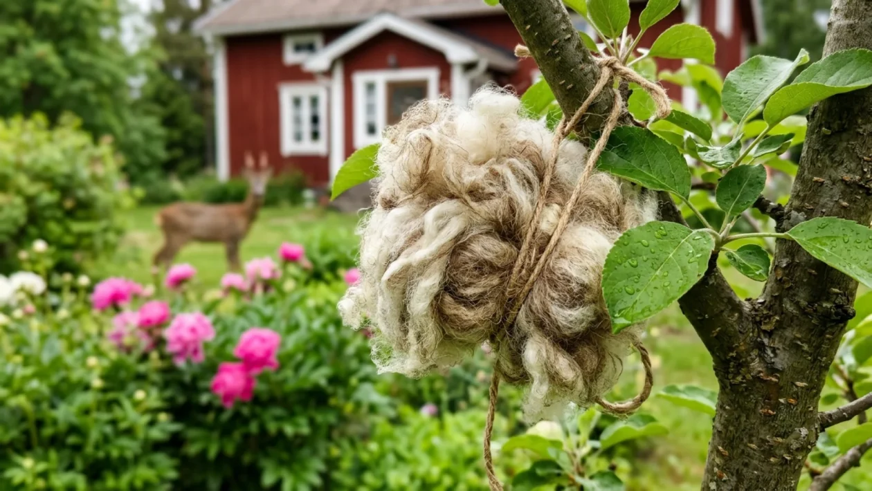 Pieni tukko pesemätöntä lampaanvillaa sidottuna nuoren omenapuun oksaan suojaksi peuroilta.