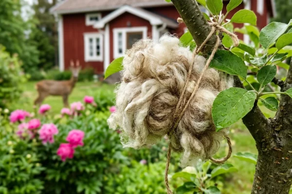 Pieni tukko pesemätöntä lampaanvillaa sidottuna nuoren omenapuun oksaan suojaksi peuroilta.