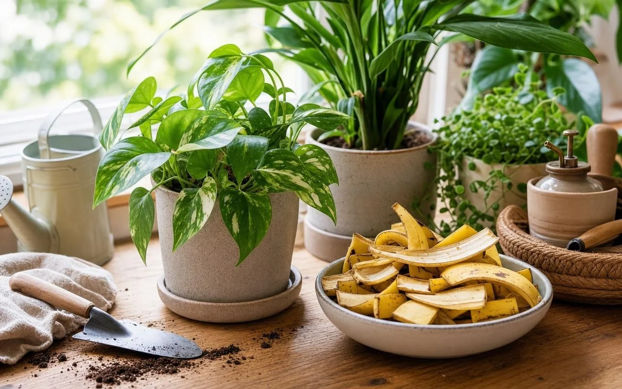 Banaaninkuoria aseteltuna pöydälle