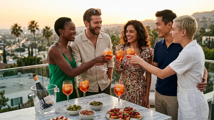 Valikoima klassisia italialaisia aperitiivijuomia ja suolaisia alkupaloja katettuna pöydälle.