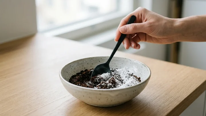 Käytettyjä kahvinpuruja ja ruokasoodaa