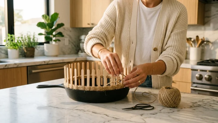 Yläviistosta kuvattu DIY-säilytyskori, joka on tehty vanhasta paistinpannusta ja punotusta narusta.