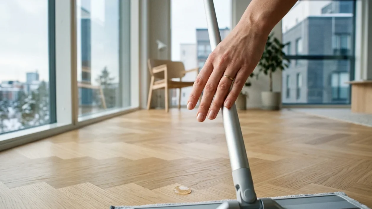 Henkilö pesemässä lattiaa ergonomisella levymopilla