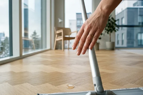 Henkilö pesemässä lattiaa ergonomisella levymopilla