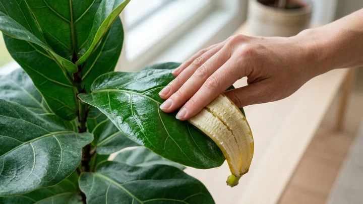 Viherkasvien lehtien puhdistaminen banaaninkuorella