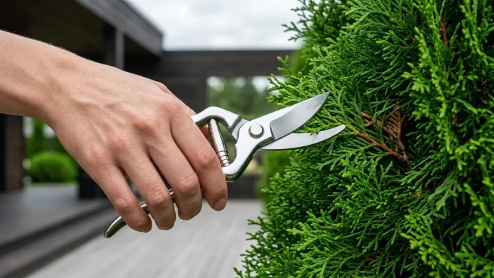 Pensasaidan leikkaaminen saksilla puutarhassa elokuussa.