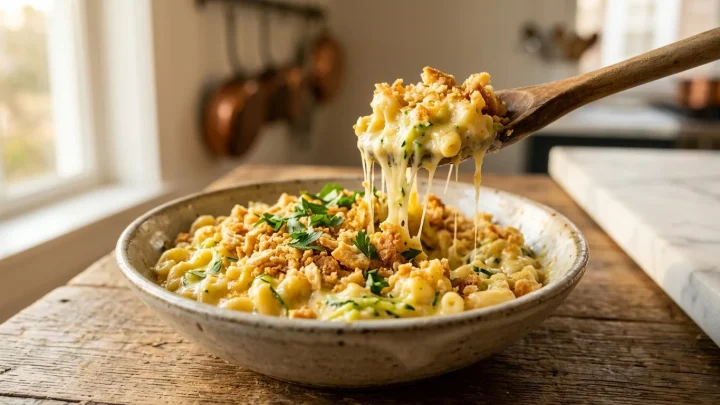 Kulhollinen kermaista mac and cheesea, jossa on rapea päällyste.